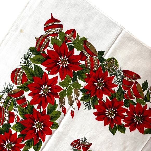Vintage Christmas tablecloth cotton printed in festive red poinsettias border - Picture 3 of 10
